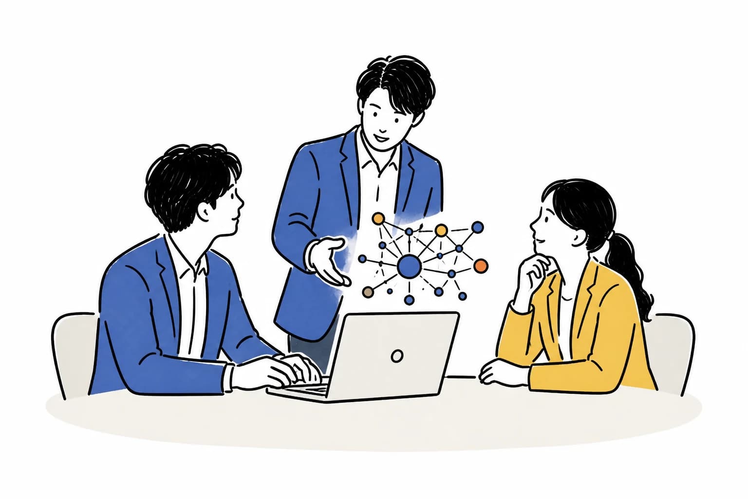 AI人材が企業チームに伴走する様子を表した手描きイラスト