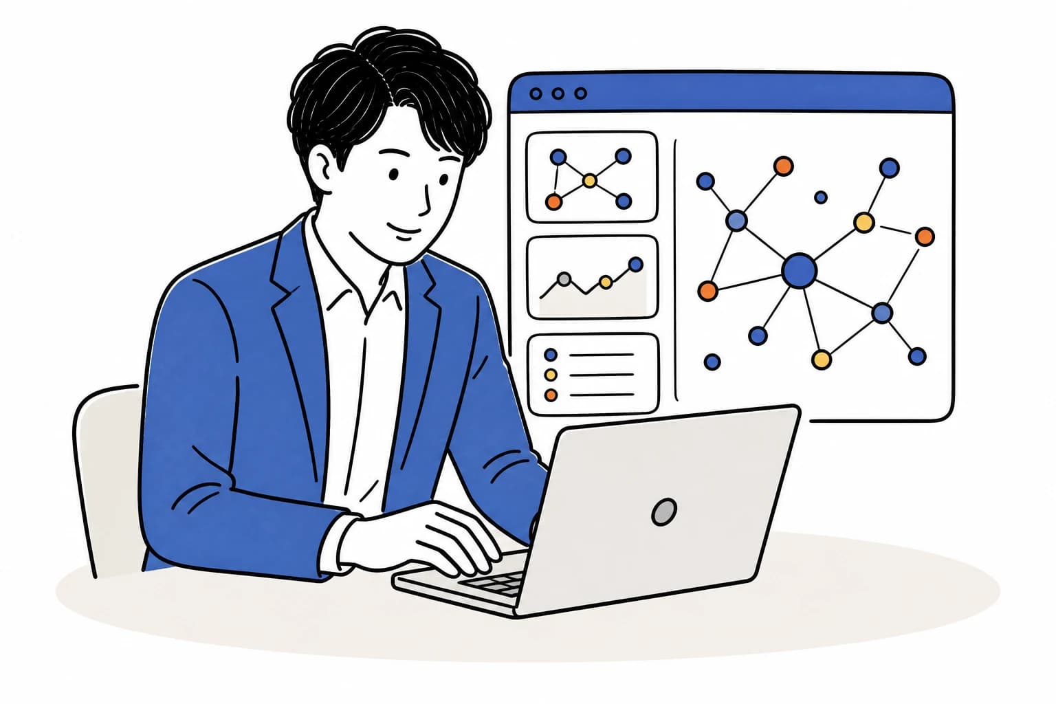 AI開発の企画と設計に取り組む担当者の手描きイラスト
