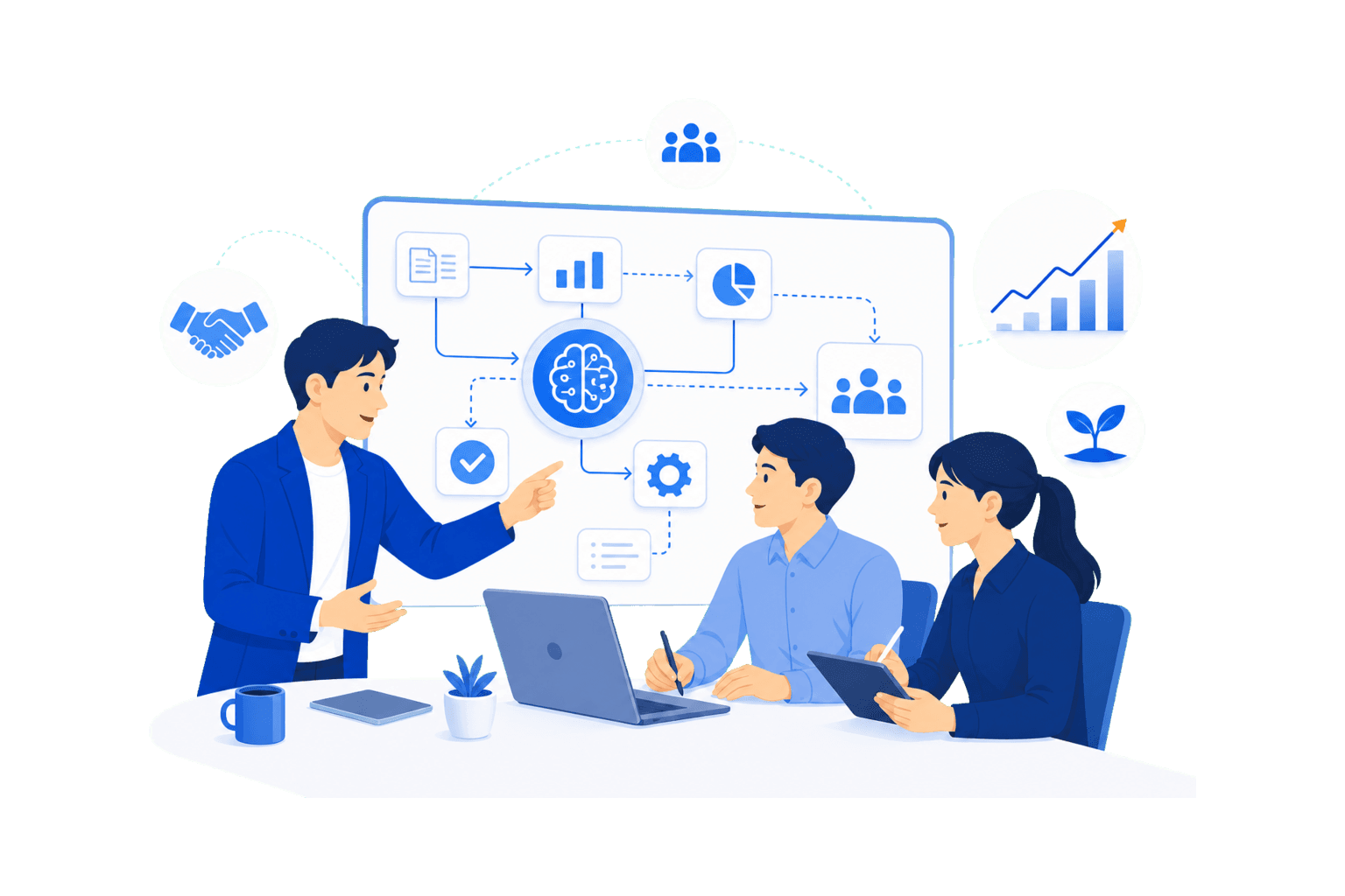 AI人材常駐・伴走支援を表す青基調のイラスト